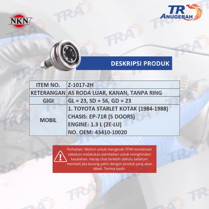 Cod - Cv Joint/As Roda Luar Kanan Dan Kiri Nkn Toyota Starlet Kotak Kode 038