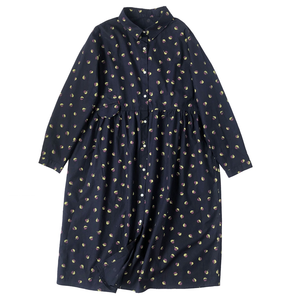 DRESS TUNIK MIDI KATUN POPLIN BIRU NAVY MOTIF DAUN HIGHWAIST IMPORT