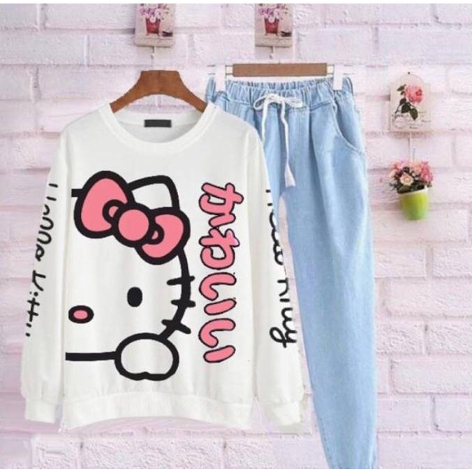 Baju setelan stelan set hellokitty cewek remaja wanita murah celana