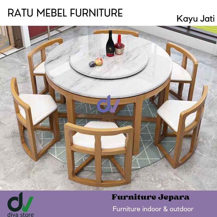 UJ 80 Meja makan 8 kursi kayu jati motif marmer / meja bulat / meja putar - MOTIF MARMER, TANPA BUSA