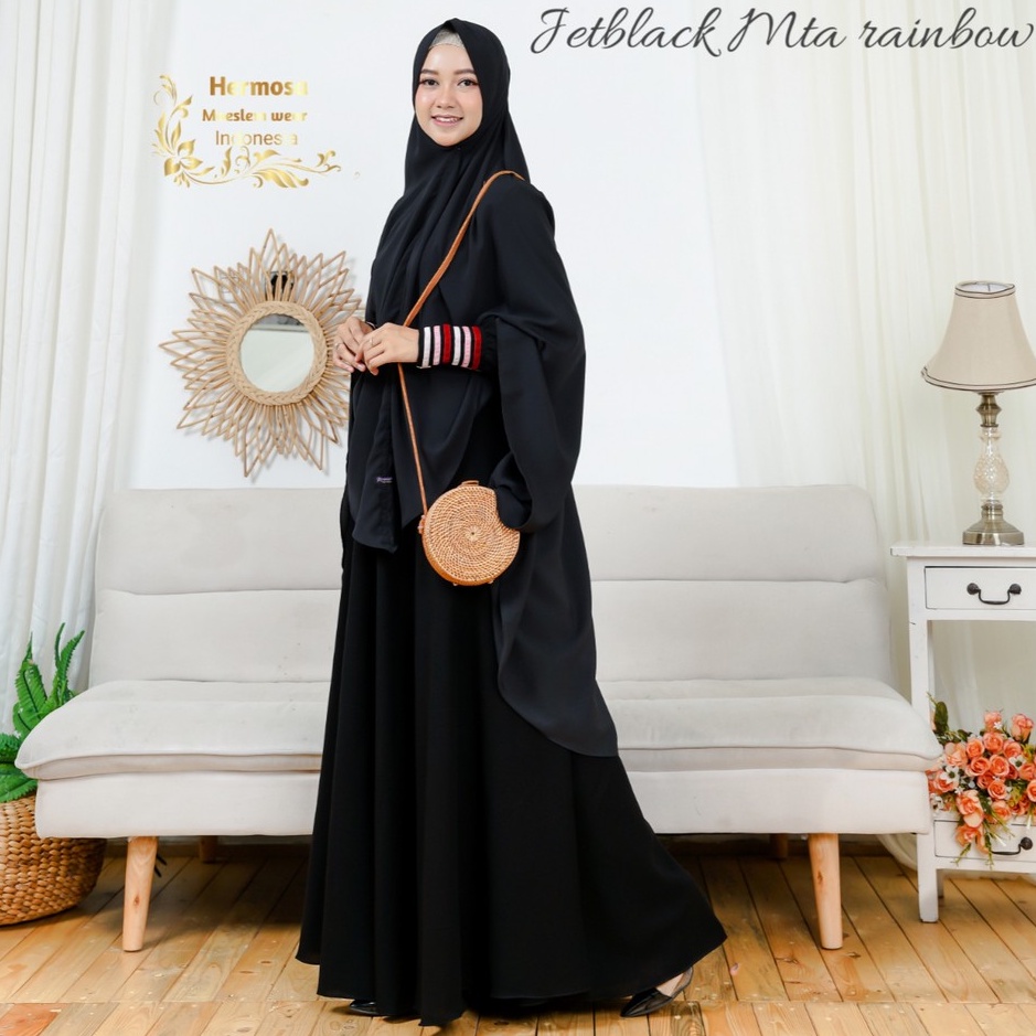 [Setelan gamis dan Khimar hermosa] setelan gamis jetblack manset zipper rainbow jilbab hitam jumbo