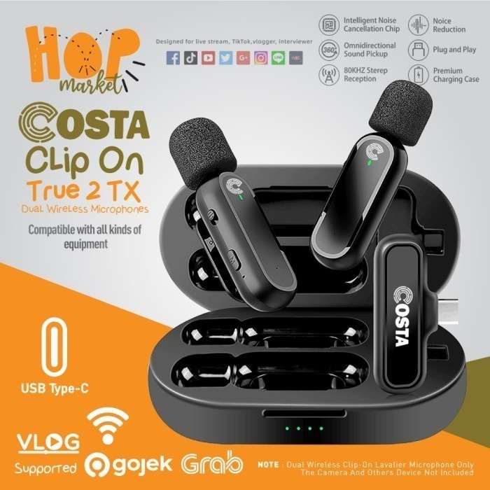 COSTA True 2TX Dual Wireless Mic Clip On Type C Monitoring Android HP
