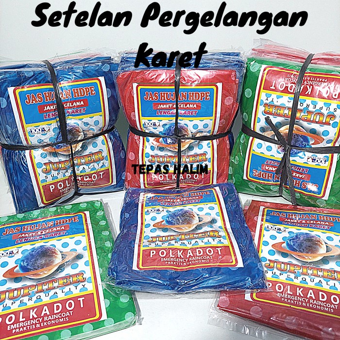 Jas Hujan Plastik Setelan Pergelangan Tangan Karet Polkadot 1 Lusin Ready