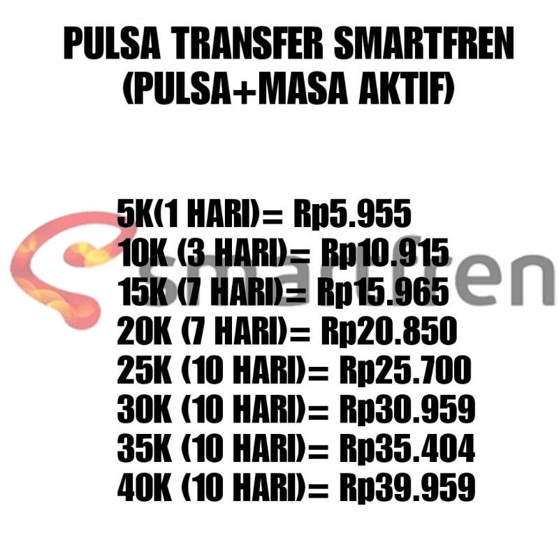 PULSA TRANSFER SMARTFREN (PULSA+MASA AKTIF) MULAI 5K 1 HARI MURAH DAN CEPAT