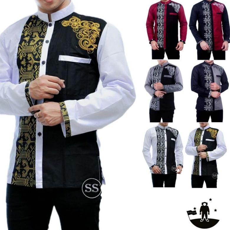 Baju Muslim Pria Modern Motif Batik Kombinasi Bordir Terbaru