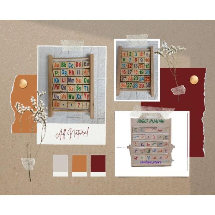 Sempoa Pinus Natural Huruf Besar & Angka Mainan Kayu edukasi anak