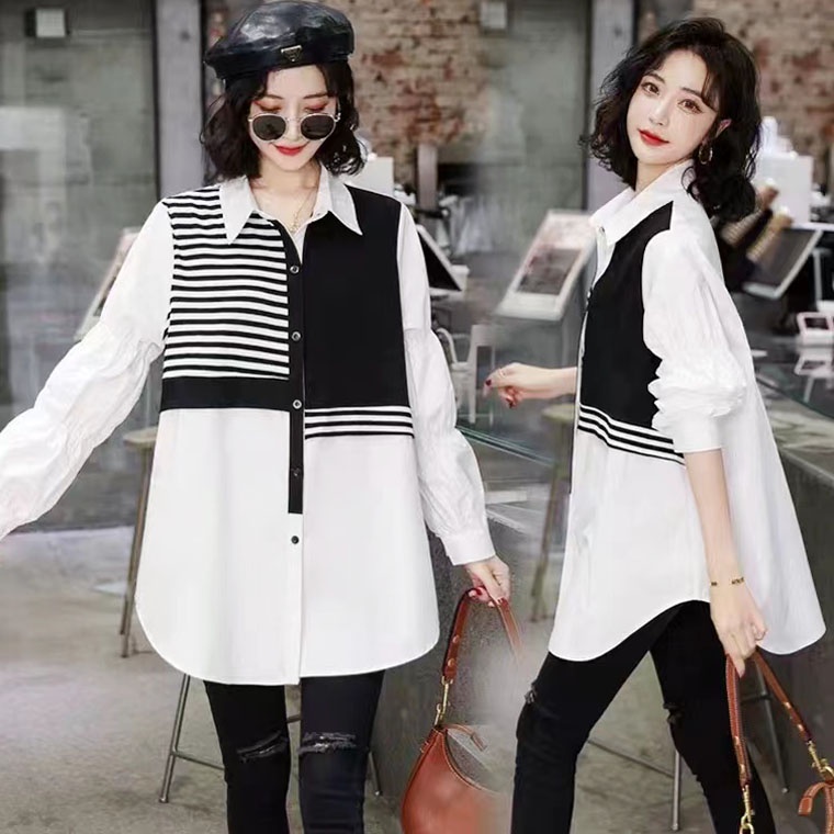BLUS TUNIK KEMEJA KATUN PUTIH PANEL KAOS GARIS & POLOS HITAM IMPORT