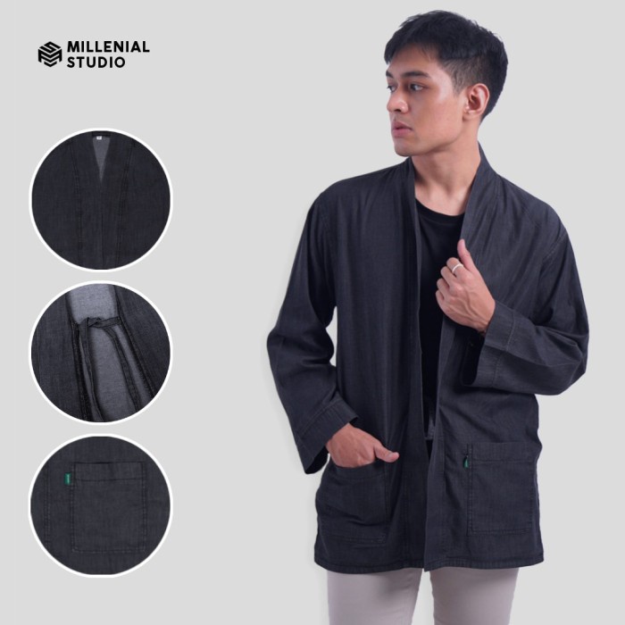 KIMONO DENIM KATUN LENGAN PANJANG OUTER PRIA KIMONO BLACK ORIGINAL