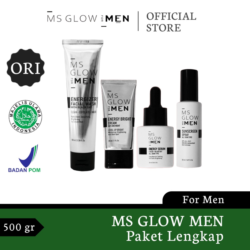 Ms Glow For Men Man - Paket Basic Lengkap Facial Wash Sabun Cuci Muka Cream Serum Sunscreen Spray