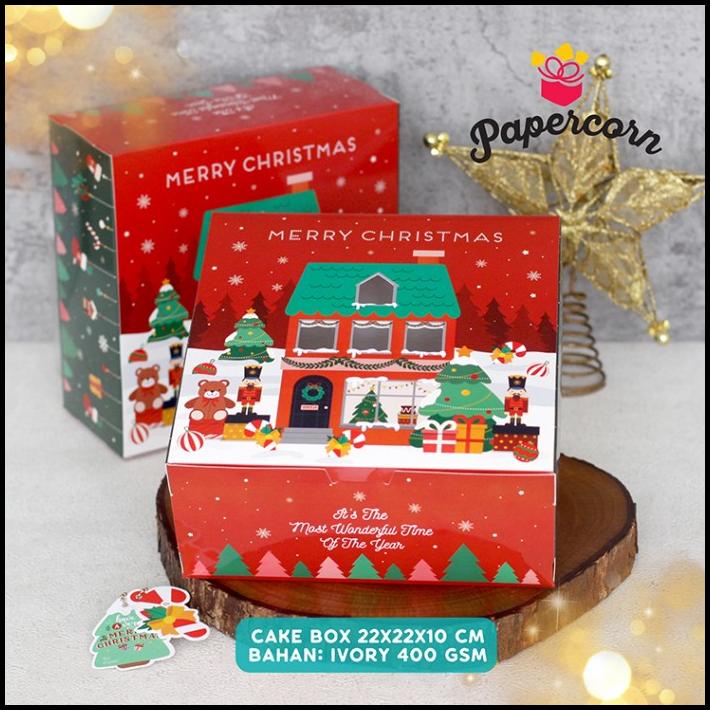 

TERMURAH BOX CAKE NATAL - BOX CHRISTMAS UK 22 X22X10 - RED HOME !!!!!