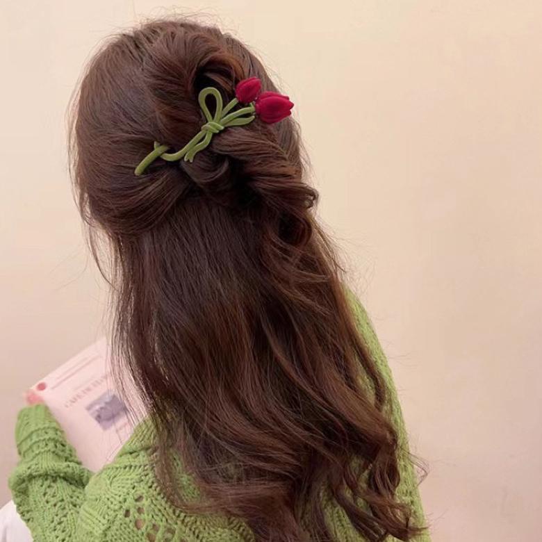 Delunashop_Acc Jedai Red Flower tulip Korean Hair Claw / Jepitan Rambut Bunga tulip / Jepit Rambut P