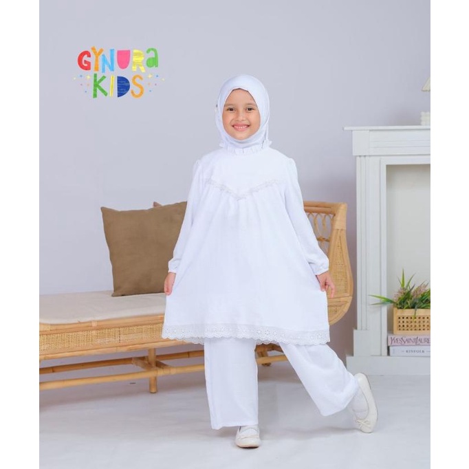 setelan muslim putih anak perempuan baju set tunik manasik haji