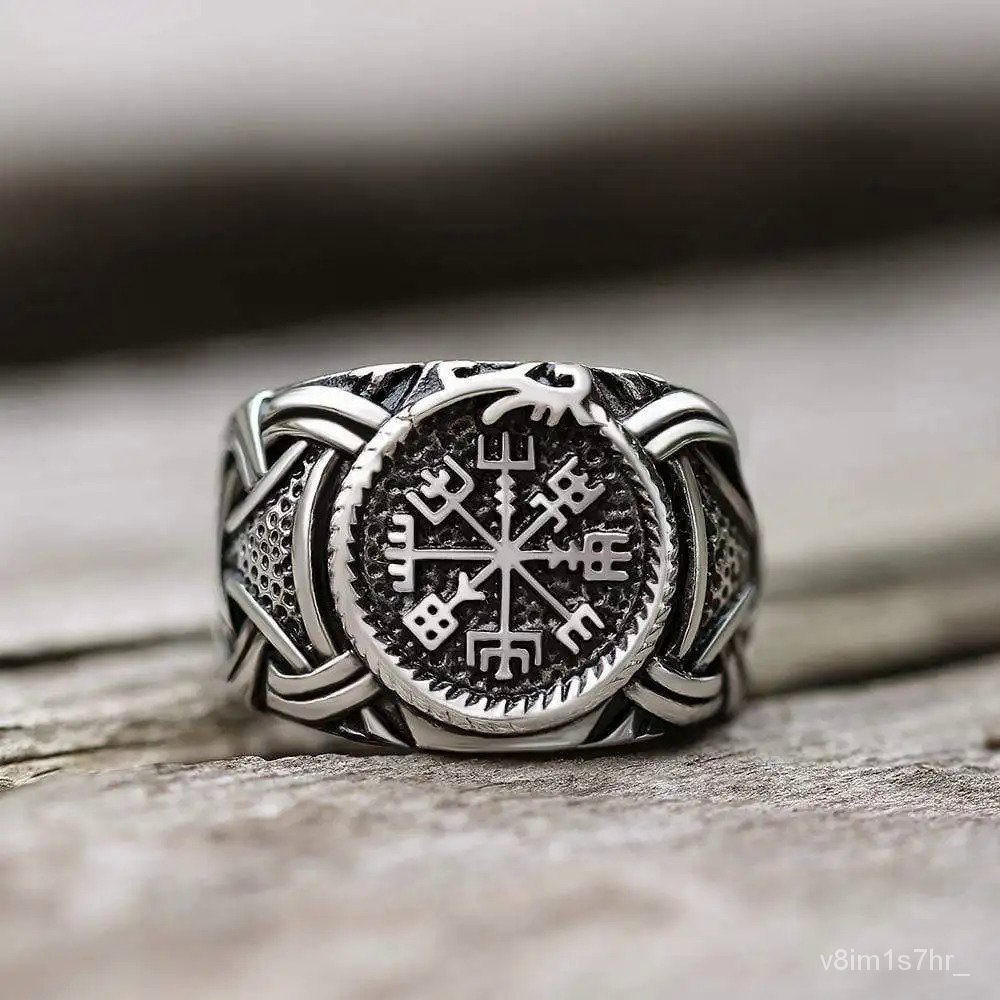 Cincin Vintage Viking 316L Kompas Baja Tahan Karat Odin Rune Vegvissir untuk Pria Punk Retro Jimat P
