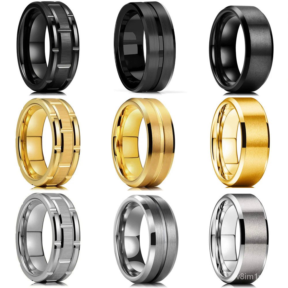 Cincin Pernikahan Tungsten Hitam 8Mm Pria, Cincin Serat Karbon Beralur Warna Perak Hitam untuk Pria