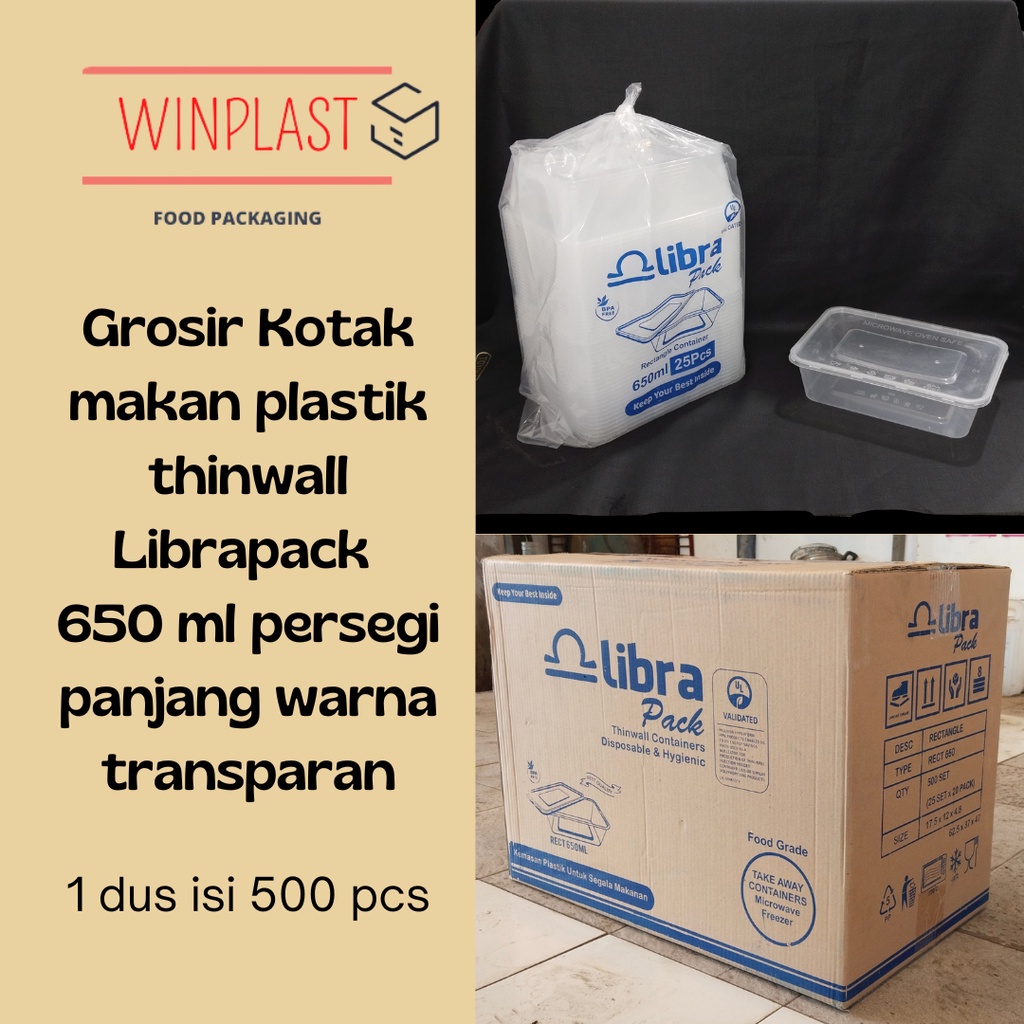 Grosir kotak makan thinwall Librapack 650ml persegi panjang warna transparan isi 500 pcs