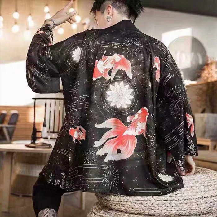 LOOSE KIMONO FISH BLACK RED/BAJU KIMONO WANITA PRIA HAORI IMPORT
