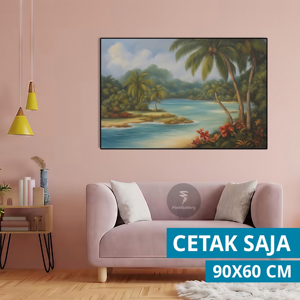 Lukisan EXTRAJUMBO 90x60 Pemandangan Danau Pohon Kelapa II Hiasan Dinding Walldecor Estetik Pajangan