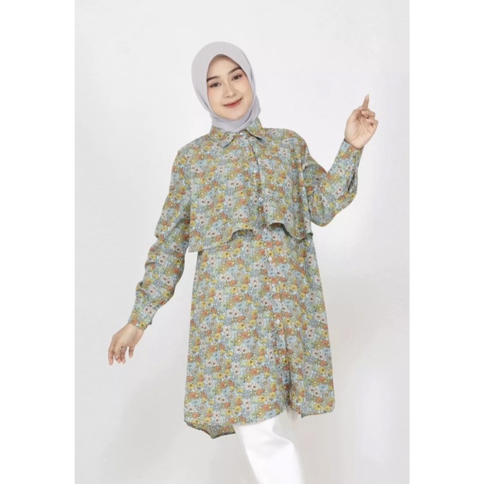 Baju Muslim Tunik Wanita. Grisela Atasan Tunik By Azhania-Blue Floral