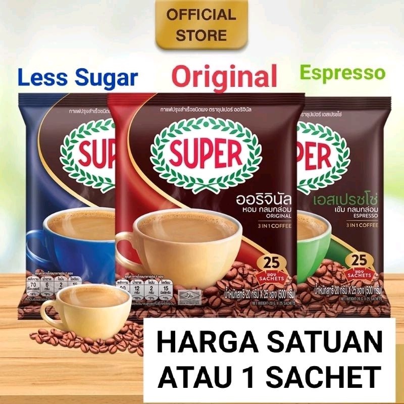 

Super Coffee 3in1 Less Sugar Original Espresso Kopi Super Kopi Ecer