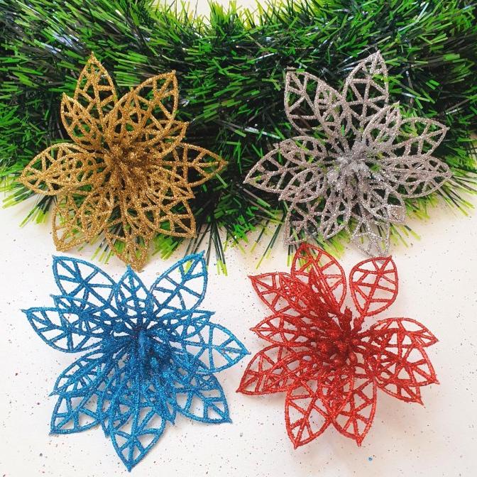 

New Bunga Natal Gliter 10Cm Isi 4 Dekorasi Parcel Bunga Kado Natal Kembang Terbaik