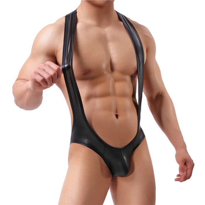 Sexy Men Bodysuits PU Leather Wrestling Singlet Open Butt Bikini