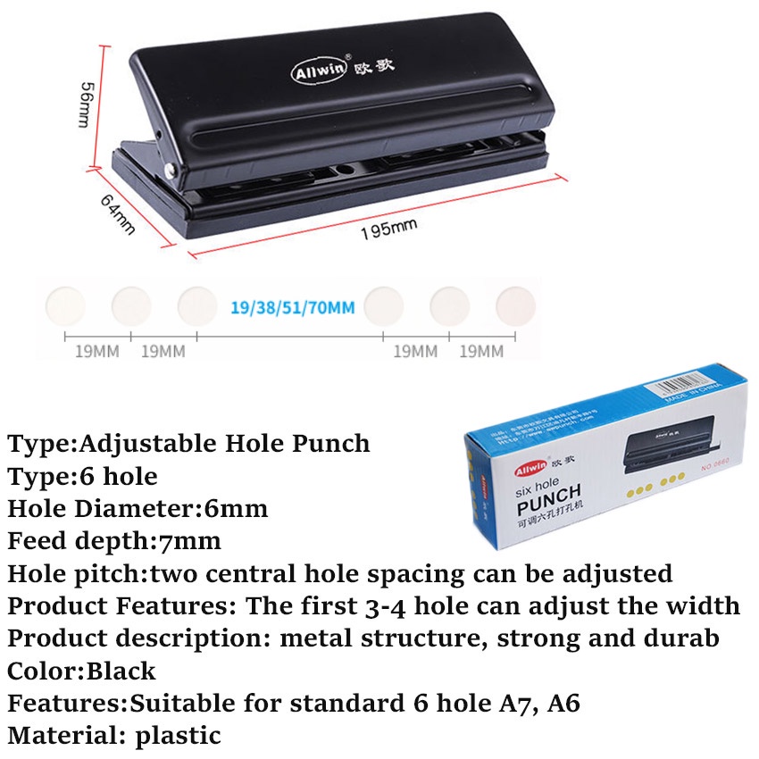 

Adjustable Pembolong Kertas 6 Hole Punch 5.5mm Perforator Alat Pelubang Utk A4 A5 B5 Notebook