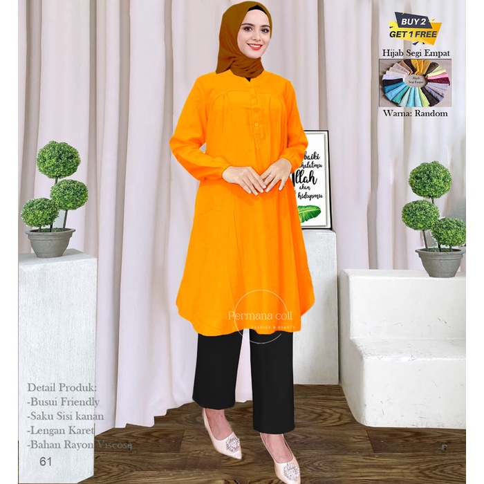 Baju Atasan Wanita Tunik Muslim Jumbo Lengan Panjang Warna Orange