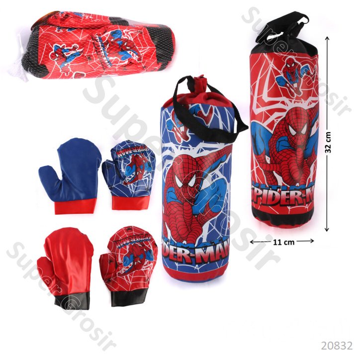 Mainan Anak Mainan Samsak Tinju + Sarung Tinju Gambar Karakter Spiderman Warna Biru Boxing