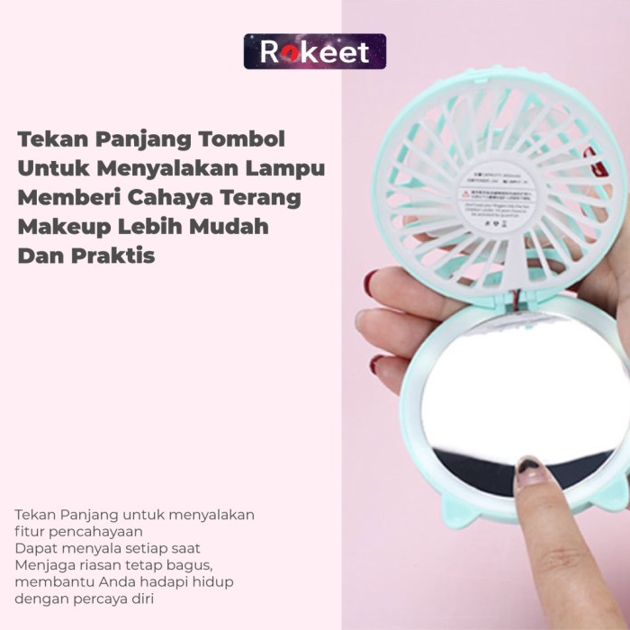 Rokeet Kipas Angin Cermin Kaca Led Portable Ker Mini Fan Mirror