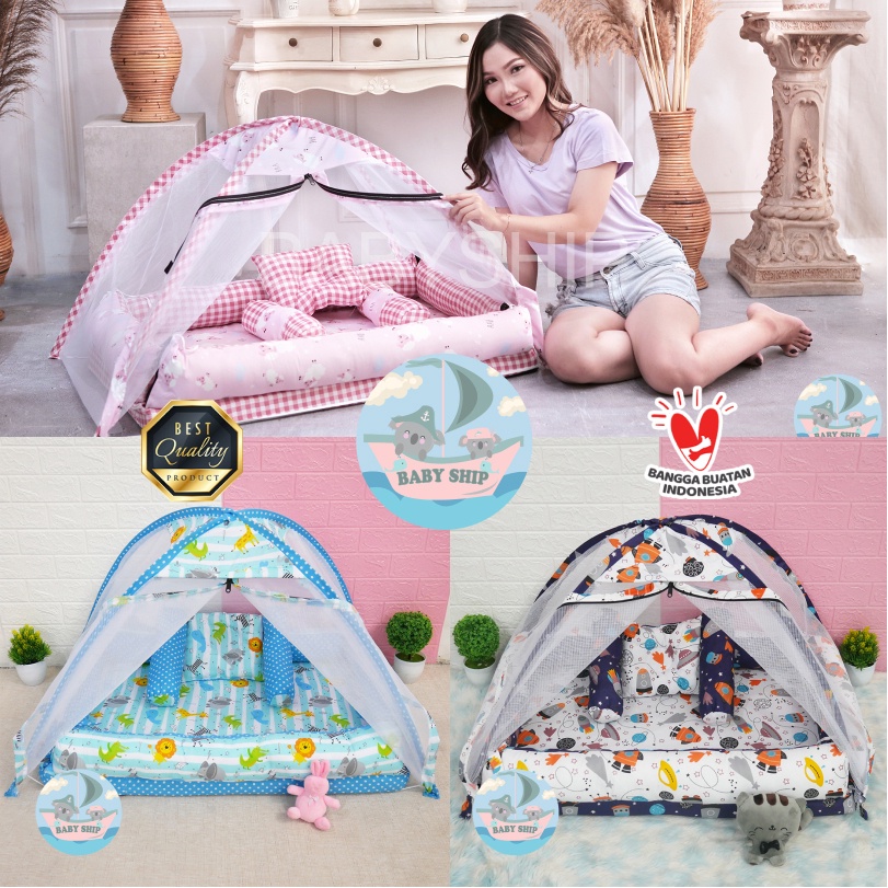 Cod !! Kasur Bayi Kelambu Tenda / Tempat Tidur Bayi Set Bantal Guling Free Tas Mika [ Merk Babyship