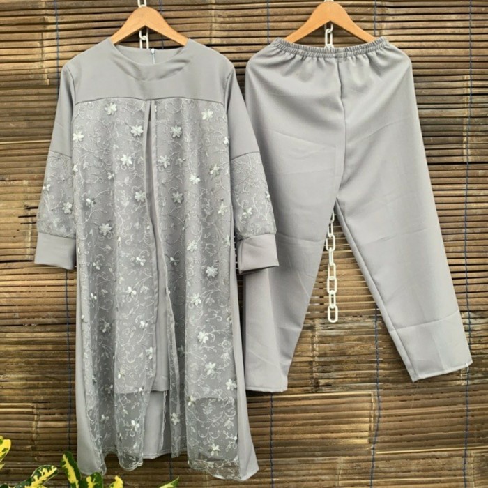 Setelan Gamis Tunik Brukat Renda Baju Rok Celana Wanita Lebaran Pesta
