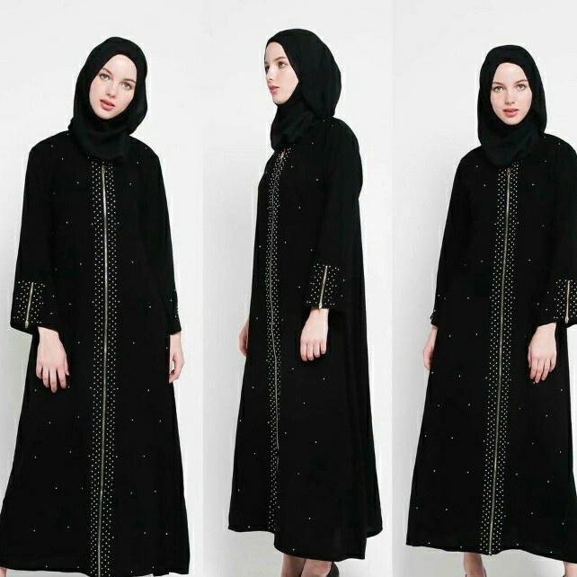 Baju Dress Abaya Muslim Gamis Arab Hitam Zipper mata full kancing