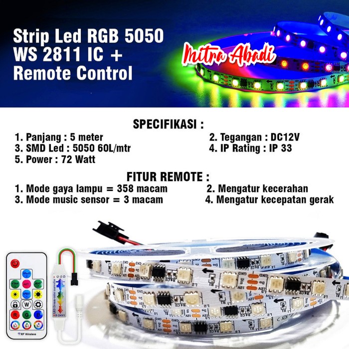LEDStripRGB 5050WS2811 / WS 2811 / 2811 IC IP33 + REMOTE CONTROL Murah