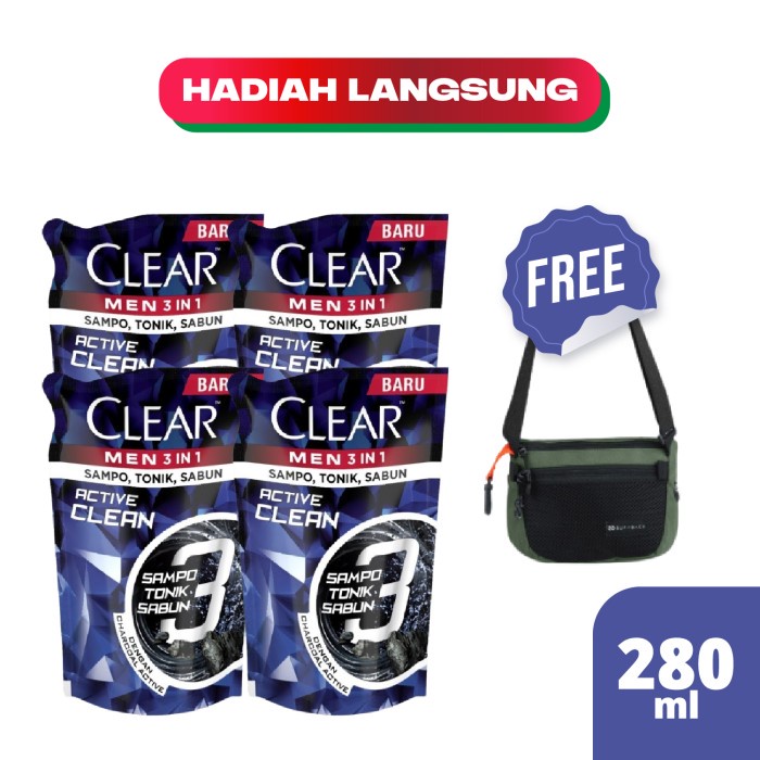 Terbaru Clear Men 3-In-1 Shampo Active Clean Pouch - 280Ml - Isi 4