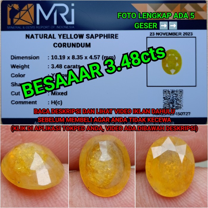 [Baru] Natural Yellow Sapphire Corundum HC 3.48Cts Yellow Memo Mri Berkualitas