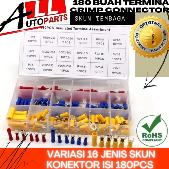 Sambungan Kabel Tembaga Terminal Insulated Skun Konektor Kabel 180 Pcs