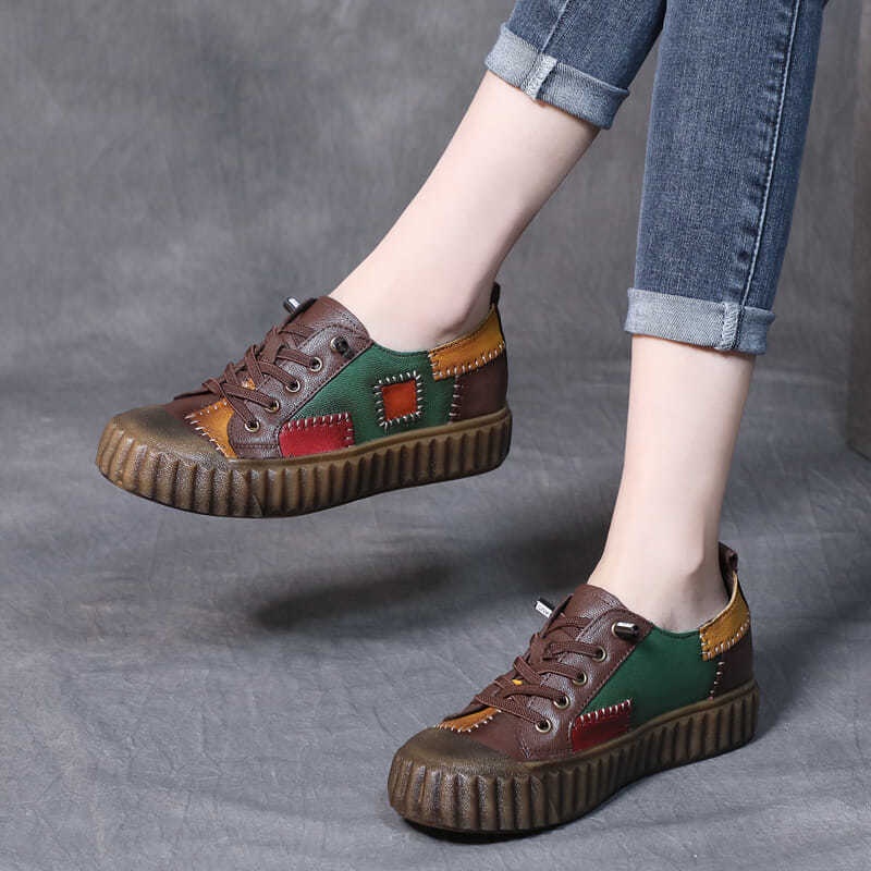 

Women's British Retro Handmade Colorblock Soft Leather Casual Sneakers