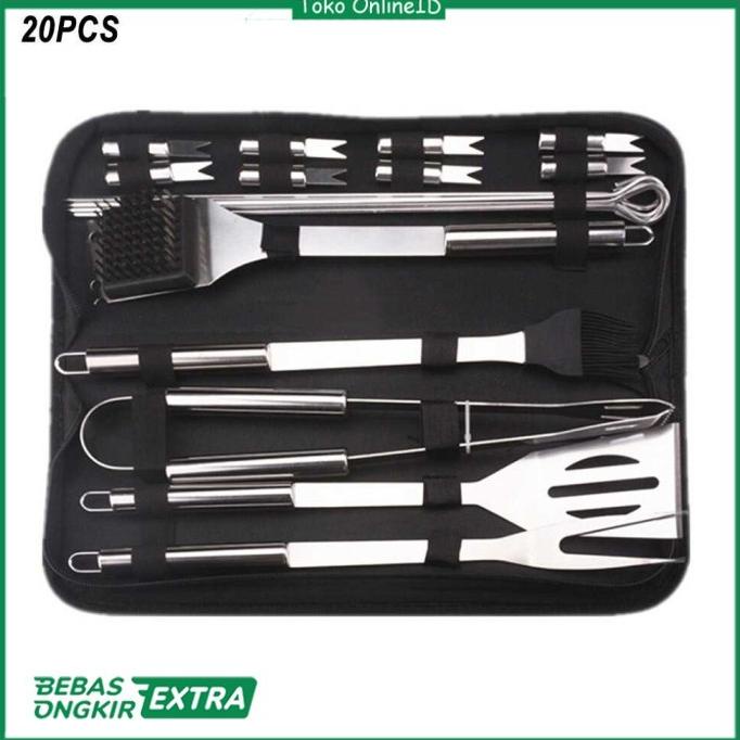 1 set Perlengkapan Alat Masak BBQ Steak Gril Portable Stainless 20Pcs