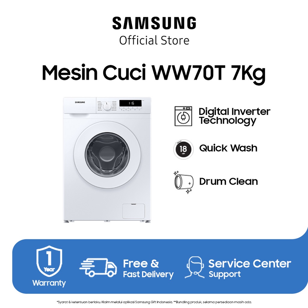 Samsung Mesin Cuci Front Loading 7 Kg Quick Wash 18"" - WW70T3020WW/SE