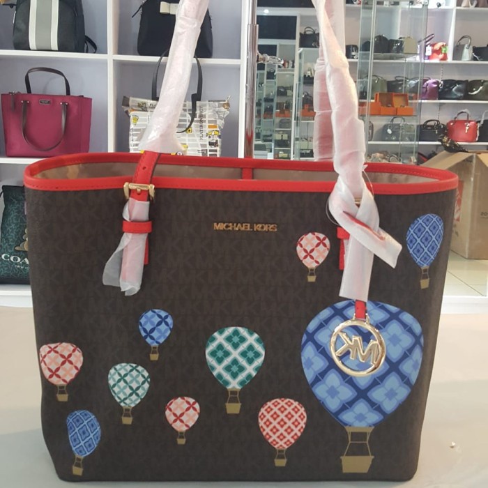 ✨New Mk Jet Set Travel Medium Carryall Tote Istanbul Brown Multi Berkualitas