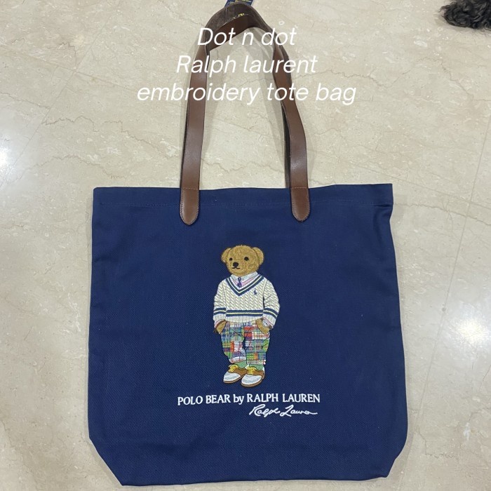 ✨New Bear Embroidery Tote Bag Ralph Laurent Original Kulit Asli Strap Diskon