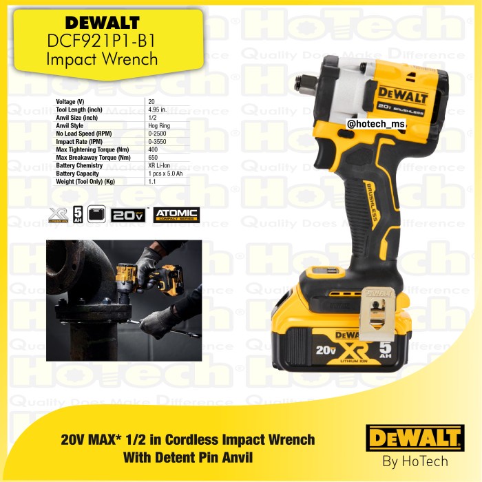 [Original] Dewalt Dcf921P1  Impact Wrench  Mesin Impact Cordless Terbaru