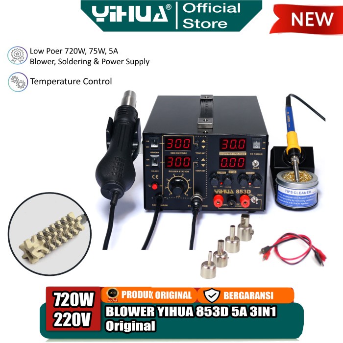 [Original] Yihua 853D Blower Solder Uap 3 In1 Soldering Station Power Supplay 5A Terbaru