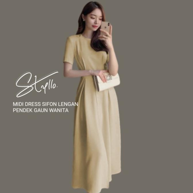 Midi Dress Lengan Pendek Gaun Korea Wanita Layered Sifon Anggun Cream