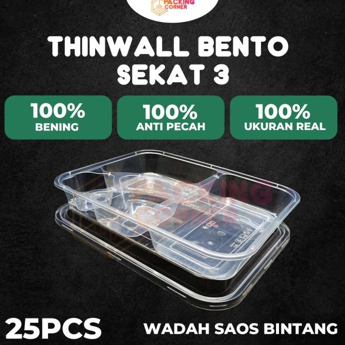 THINWALL BENTO STAR SEKAT 3 FOOD CONTAINER MICROWAVE BOX NASI PLASTIK