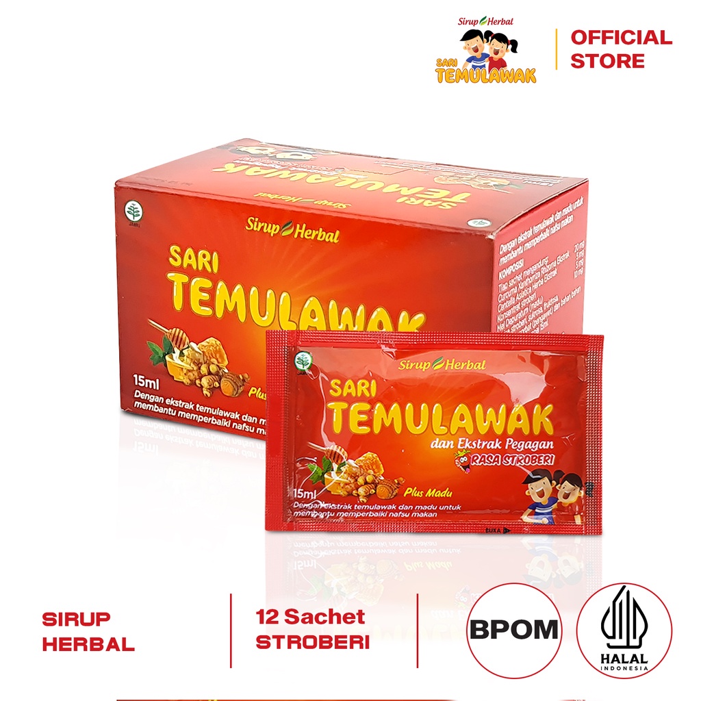 SARI TEMULAWAK Sirup Herbal Rasa Strawberry 12 Sachet Isi 15 ML Obat Suplemen Memperbaiki Nafsu Makan dan Kesehatan Anak BPOM HALAL-STROBERI