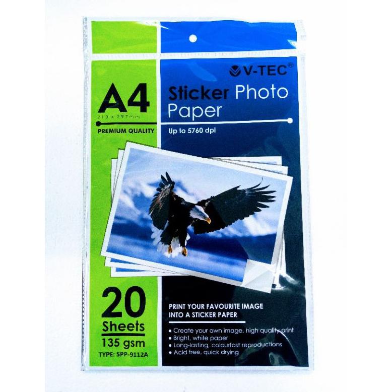 

Berkualitas! SATU PACK ( 20 LEMBAR ) Kertas Foto Stiker A4 V-Tec 135 Gsm Sticker Po Paper A4 Vtec 135Gsm