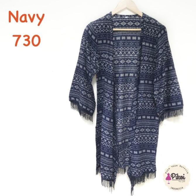 506 Cardigan Etnik Fringe / Cardi Rumbai Navy / Outer Batik / Outwear Stok Terbatas