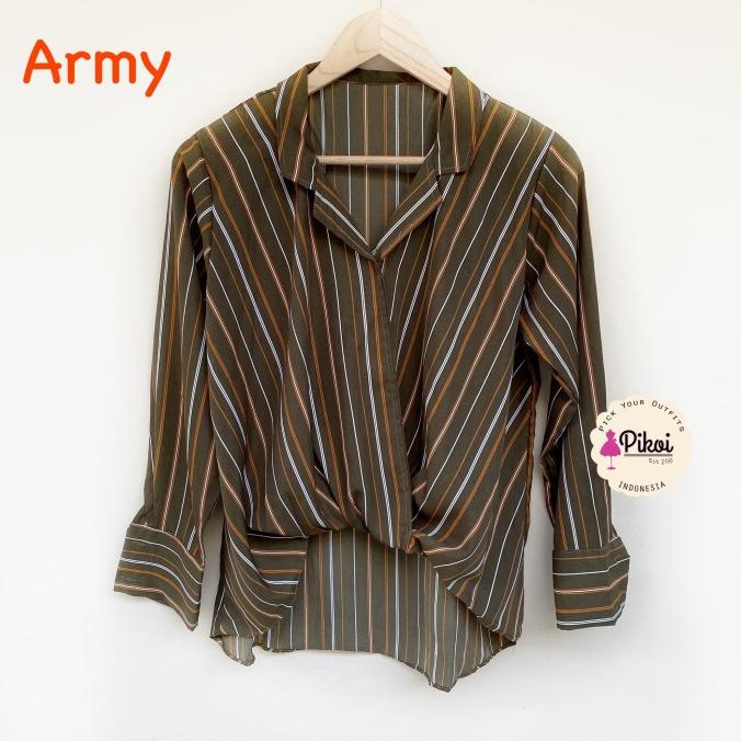 Kemeja Boyfie Garis / Kemeja Wanita Murah / Kemeja V Neck / Salur Original