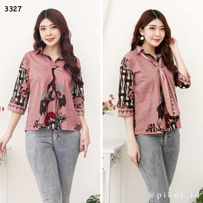 Atasan Batik Wanita Modern Lengan Panjang / Seragam Batik Dasi Syal Terbaik